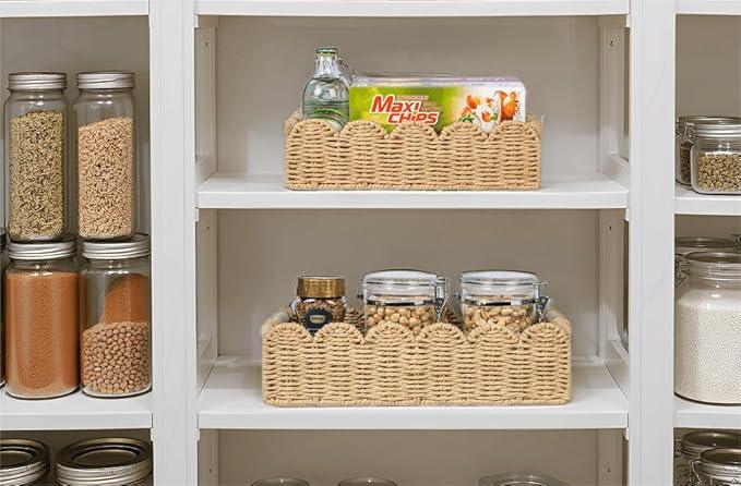 CubesLand Decorative Toilet Paper Storage Basket, Modern Farmhouse Home Decor Basket for Organizing, Scalloped Pantry Baskets for Shelves, Countertop, Living Room, w/Wood Handles, Beige 2 Sizes - ModernBath