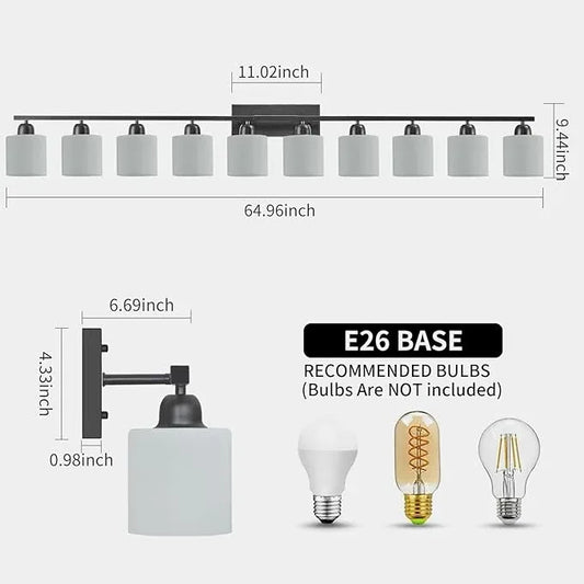 10 Light Black Vanity Lights for Giant Mirror, Bathroom Vanity Lights Over Mirror with Milky White Frosted Glass Shades,65 inch Bathroom Light Fixture for Mirrors, E26 - ModernBath