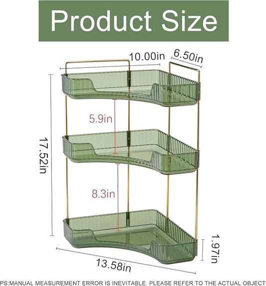 INVSSENE Corner Bathroom Countertop Organizer, Vanity Trays for Bathroom Counter, Makeup Organizer, Perfume Tray, Kitchen Spice Rack, Fits 90 Corner(Green, 3 Tiers)