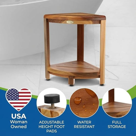EcoDecors Fully Assembled SnazzyCorner® 18" Teak Shower Bench, Corner Shower Stool, w Shelf in Earthy Teak Finish, Compact Fit for Small Bathrooms & Walk-in Showers – Slip-Resistant Feet, Sauna Bench
