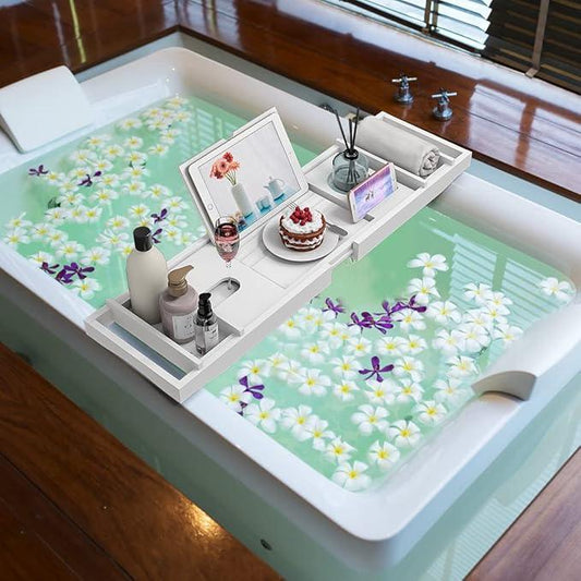 Zhuoyue Bamboo Bathtub Tray, Expandable Premium Bath Tray for Luxury Bathroom, Adjustable Bath Accessories for Tub with Soap Towel Book Holder, Extendable 29.5-43.3" White - ModernBath