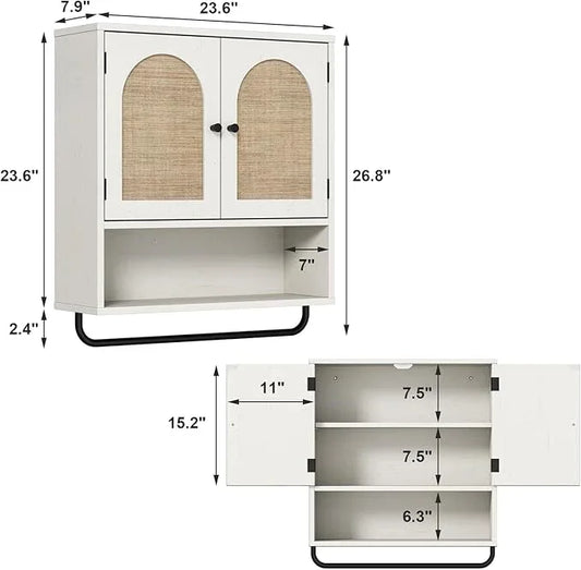 RUSTOWN Rattan Bathroom Wall Cabinet, Boho Medicine Cabinet with 2 Arched Doors, Farmhouse Over The Toilet Storage Cabinets with Adjustable Shelves & Towel Bar, 3-Tier Wall Mounted Cabinets - ModernBath