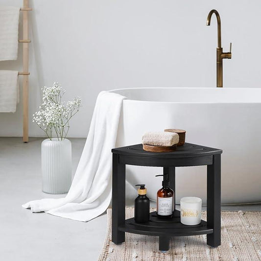 Apolimi HDPE Corner Shower Stool,Shower Bench Seat with Storage Shelf for Shaving Legs Plastic Spa Bath Step Foot Rest for Bathroom Small Place (Black) - ModernBath