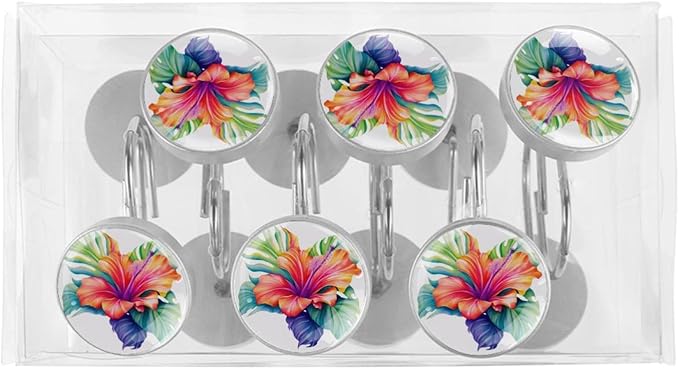 FVQL Shower Curtain Hooks Decorative, Flower Hibiscus and Leaf, Set of 12