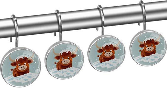 Cartoon Snow Highland Calf Shower Curtain Hooks Rings, Stainless Steel Rust Proof Shower Curtain Hooks, Decorative Shower Hooks for Bathroom Shower Rods Curtains, Set of 12 - ModernBath