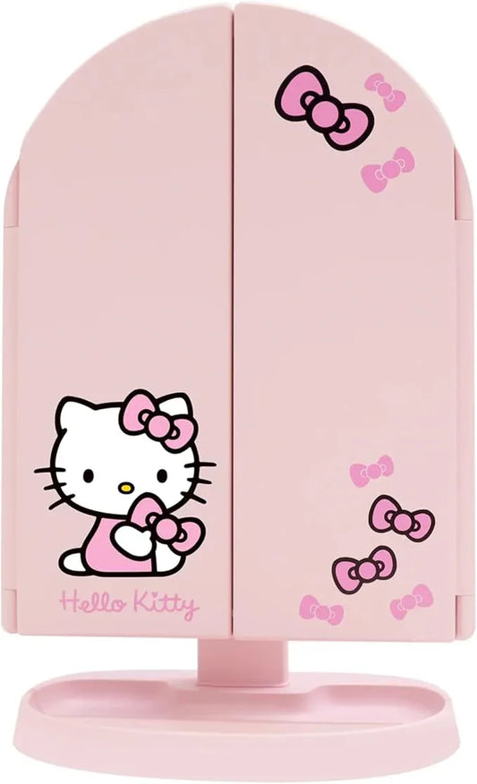 Impressions Vanity Hello Kitty Bow Arch Trifold LED Makeup Mirror for Desk, 3 Way View Foldable Vanity Mirror with Lights, 2X and 3X Magnification, Adjustable Tilt and Soft Touch (Light Pink) - ModernBath