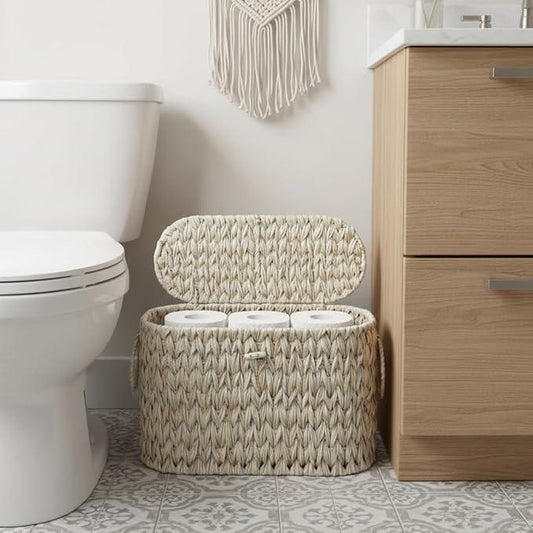 Toilet Paper Basket,Wicker Toilet Paper Storage with Lid,Decorative Boho Wicker Basket for Bathroom,Free Standing-Cream White - ModernBath