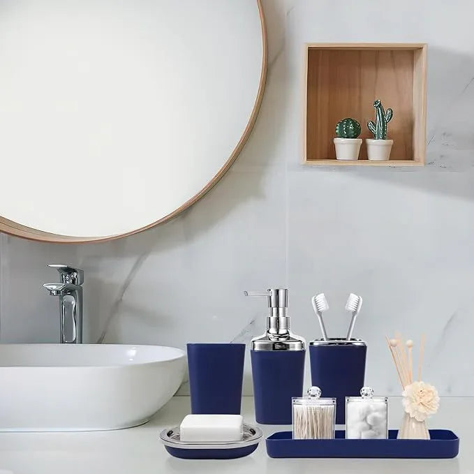 XLHOMO Navy Blue Bathroom Accessories Set, 9-Piece Plastic Gift Set with Trash Can, Toothbrush Holder, Toothbrush Cup, Soap Dispenser, Soap Dish, Toilet Brush Holder,2 Qtip Holder Dispensers and Tray - ModernBath