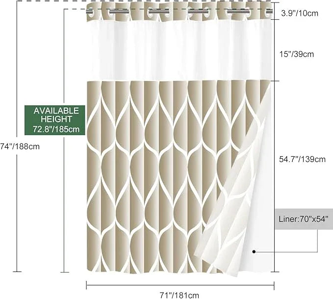 Yiatn No Hook Cream Shower Curtain with Snap in Fabric Liner Set - Hotel Style with See Through Mesh Top Window, Modern Geometric Waterdrop Design,Waterproof and Washable, 71x74 INCH - ModernBath