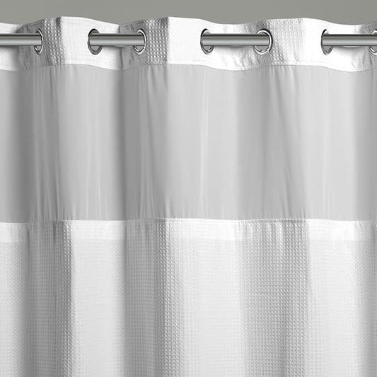 It's A Snap! Waffle Shower Curtain, 3-in-1 with Fabric Curtain, Sheer Top Window, Flex-On Rings & Liner, 54' x 80', White - ModernBath