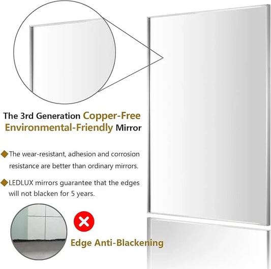 LEDLUX 20x40 Inch Silver Bathroom Mirror - Copper-Free Mirror, Aluminum Alloy Frame Vanity Rectangle Wall Mounted Modern Mirror for Bedroom/Living Room/Porch Horizontal or Vertical - ModernBath