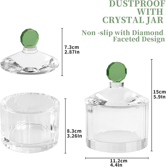 Crystal Jewelry Jars and Boxes,Crystal Candy Jar with Green Lid,Home Decoration Storage Bathroom Jar, Pearl Treasure Box, Cotton Swab Jar,Crystal Container