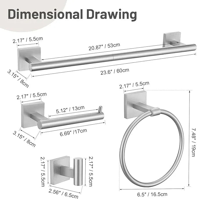 10 Pieces Bathroom Hardware Set Brushed Nickel Towel Bar Set Includes 23.6” Towel Bar, Towel Ring Holder, Toilet Paper Holder and Two Towel Hooks, Bathroom Accessories Set SUS304 Wall Mounted - ModernBath
