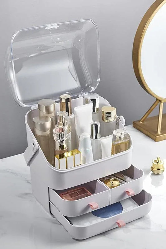 LINFIDITE Cosmetic Storage Box with Lid Makeup Organizer Box with Dust Free Cover Portable Handle,Large Makeup Display Case with Drawers Fully Open Lid,Great for Dresser Bathroom Countertop - ModernBath