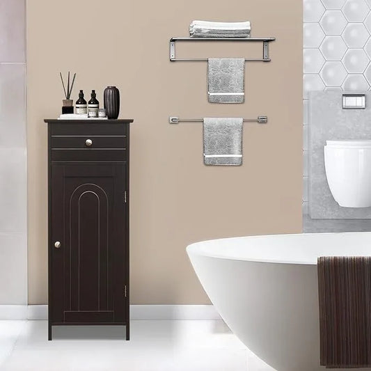 COSTWAY Bathroom Storage Cabinet, Single Door Floor Cabinet with Drawer and 3-Level Adjustable Shelves, Modern Side Storage Organizer with Anti-Tipping Device for Living Room, Bedroom (Brown) - ModernBath