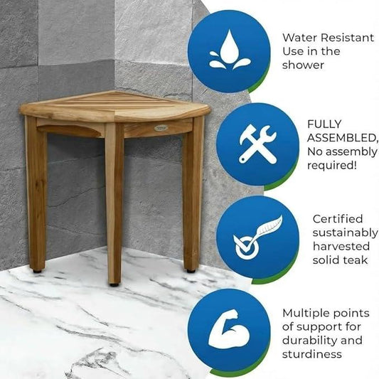 EcoDecors SnazzyCorner Waterproof Teak Wood Shower Bench Stool Seat Chair For Inside Shower Provides Safety, Storage, and Organization For Bathroom Accessories - ModernBath