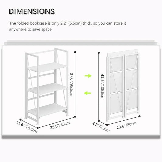 4NM No Assembly Folding Bookshelf Storage Shelves 3 Tiers Vintage Bookcase Standing Racks Study Organizer Home Office (All White) - ModernBath
