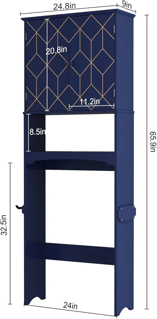 Over The Toilet Storage Cabinet with Gold Trim, Modern Bathroom Organizer Over Toilet with Adjustable Shelves and Toilet Paper Holder for Bathroom (Blue) - ModernBath