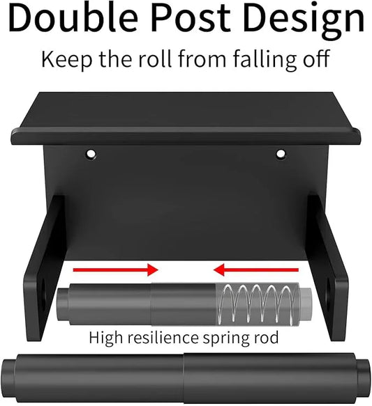 Toilet Paper Holder with Shelf Wall Mount, Self Adhesive or Screw in, Tissue Holder for Bathroom Washroom RV with Spring Rod, Matte Black - ModernBath