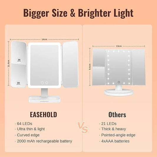 EASEHOLD Lighted Makeup Mirror, Rechargable Vanity Mirror with Magnification, 2X 3X, Trifold Makeup Mirror with Touch Control, 3 Color Dimmable LED Lights, Portable Make up Mirror, Gifts for Women - ModernBath