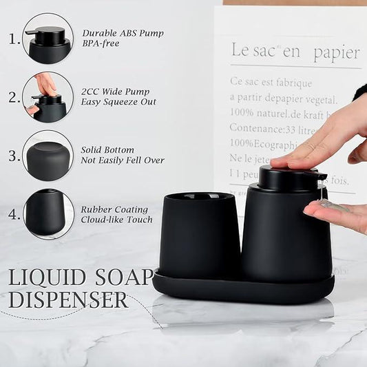 BosilunLife Black Bathroom Accessory Set - 3 pcs Ceramic Bathroom Soap Dispenser Set Farmhouse Bathroom Counter Decor Set Accessories, Soap Dispenser and Toothbrush Holder, Tray (Liquid Pump) - ModernBath