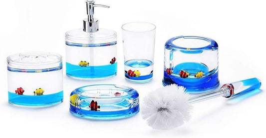 Locco Decor 5 Piece Acrylic Liquid 3D Floating Motion Bathroom Vanity Accessory Set Ocean Cartoon Animal Theme Nimo Fish Toothbrush Holder, Tumbler, Soap Dispenser, Soap Dish, Toiletbrush Holder Set - ModernBath