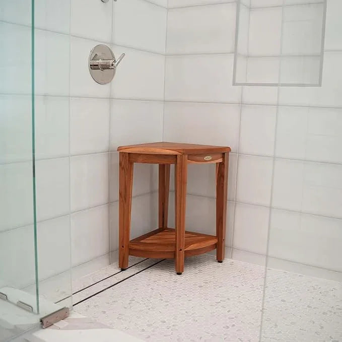 EcoDecors 24" Extended Height Snazzy Corner Natural Color Waterproof Teak Wood Shower Bench Stool Seat Chair for Inside Shower Storage Shelf Provides Safety and Storage for Bathroom Accessories - ModernBath