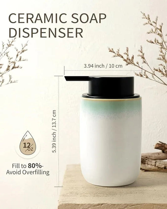 BosilunLife Hand Soap Dispenser - Foam Soap Dispenser Bathroom Ceramic Dish Liquid Soap Dispenser for Kitchen, Bathroom Countertop Soap Dispensers (White with Blue-Green Rim Liquid Pump) - ModernBath