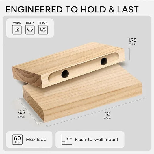 Homeforia 12 inch Natural Floating Shelf, High End Solid Real Wood 12inch Small Floating Shelves for Wall Mounted, Natural Wooden Floating Shelves, Heavy Duty Bracket, 12 X 6.5 X 1.75 in, Set of 3 - ModernBath