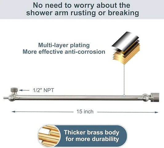 BRIGHT SHOWERS 15 Inch Extra Long Shower Head Extension Arm, Solid Brass Shower Arm Extender with Locking Screw for Rain and Handheld Showerhead, Height & Angle Adjustable, Brushed Nickel - ModernBath
