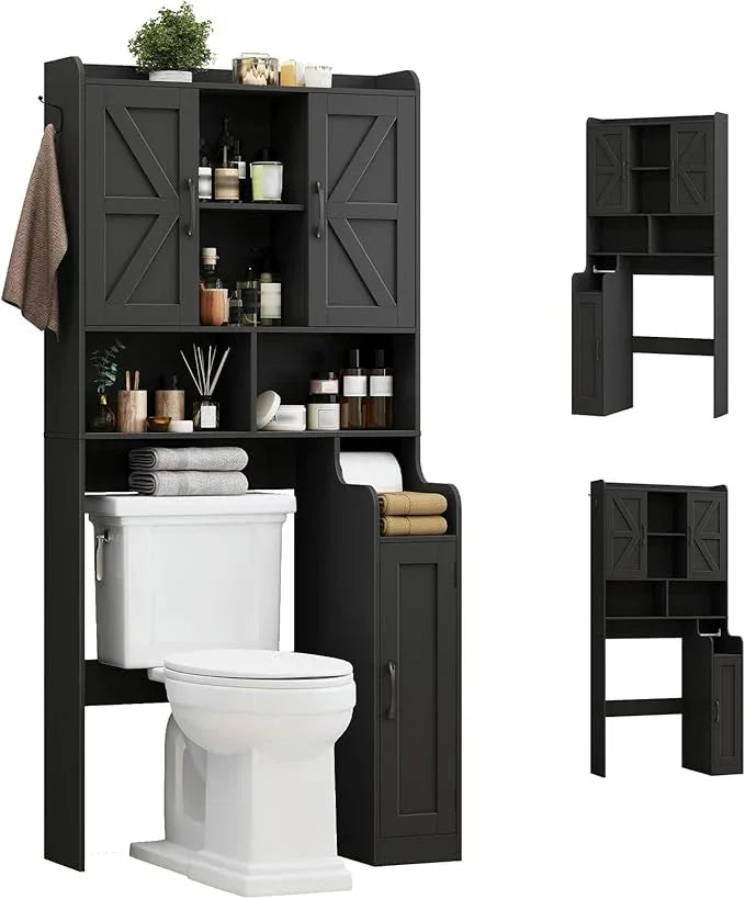 Over The Toilet Storage Cabinet, Bathroom Over Toilet Storage Organizer with Barn Doors and Paper Holder Stand Farmhouse Space Saving Rack Cabinet with Adjustable Shelves for Bathroom, Laundry (Black) - ModernBath