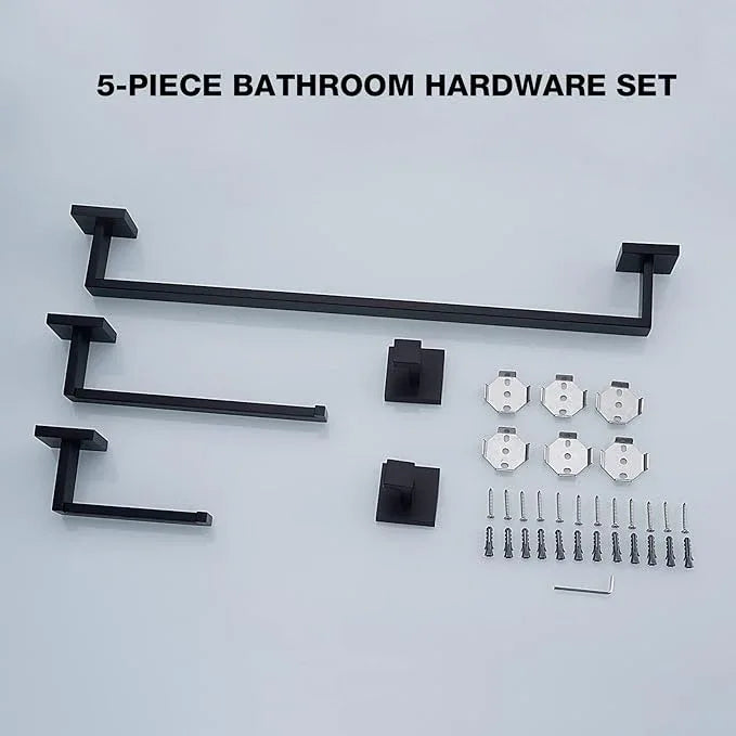 TRUSTMI Black Bathroom Hardware Set Contemporary 5-Pieces Wall Mounted Towel Bar Set, Stainless Steel Square Shaped Bathroom Hardware Accessories, Matte Black - ModernBath