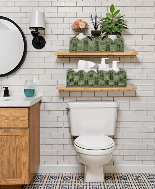 CubesLand Decorative Toilet Paper Storage Basket, Modern Farmhouse Home Decor Basket for Organizing, Scalloped Pantry Baskets for Shelves, Countertop, Living Room, w/Wood Handles, Green 2 Sizes