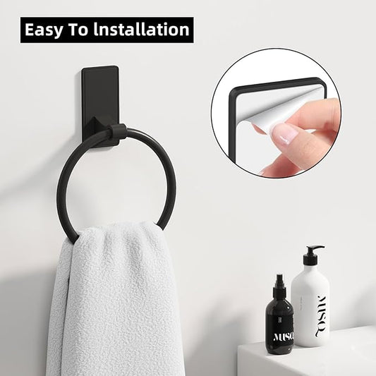 Towel Ring, SUS304 Hand Towel Holder for Bathroom,Adhesive Towel Holder Bathroom Towel Hanger for Bathroom, Matte Black