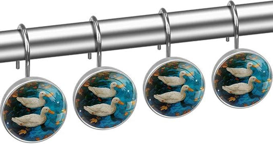 Swimming Duck Shower Curtain Hooks, 12Pcs Decorative Rust Resistant Shower Rings for Shower Curtain Rods, Stainless Steel Round Curtain Hooks for Bathroom, Bedroom - ModernBath