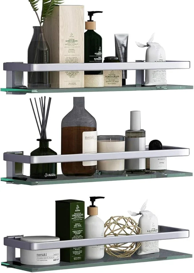 VOLPONE Bathroom Wall Shelf 15.7in Bathroom Glass Shelves Wall Mount Glass Shelf Rustproof Bathroom Wall Organizer 3 Tier (Sliver) - ModernBath