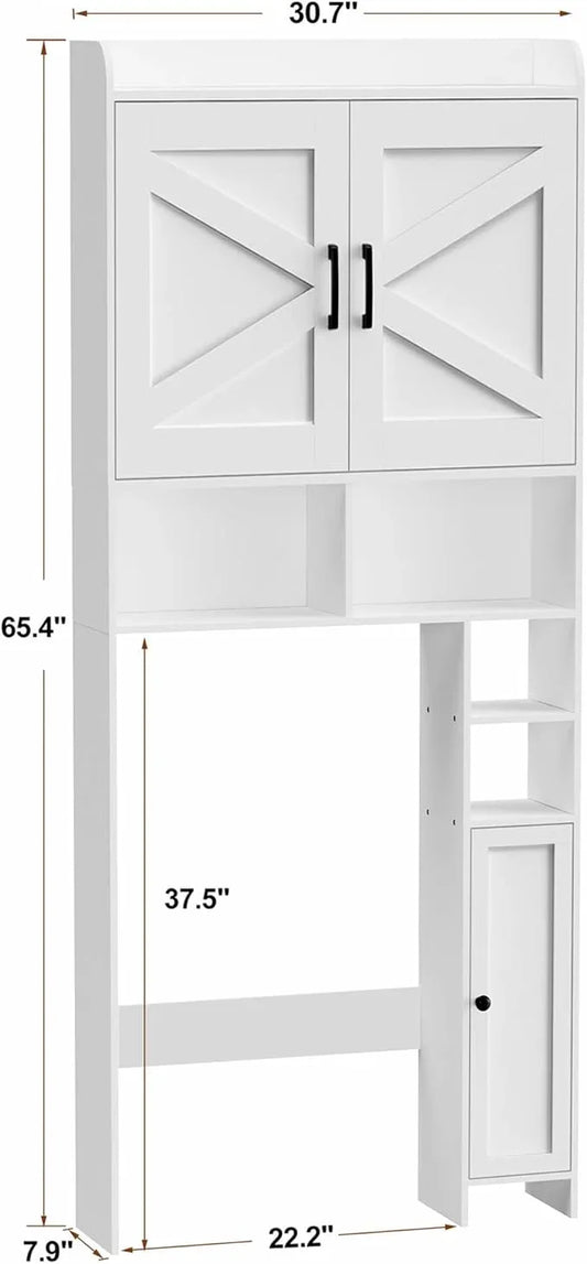 Homhedy Over The Toilet Storage Cabinet with 2 Barn Door and Toilet Paper Holder Stand, FreeStanding Toilet Shelf Space Saver, for Bathroom, Restroom, Laundry, White - ModernBath