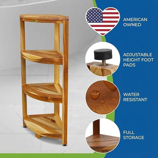 EcoDecors Corner Snazzy Corner Four Tier Natural Color Shelf Waterproof Teak Wood Shower Bench Stool Seat Chair For Inside Shower Provides Safety, Storage, and Organization For Bathroom Accessories