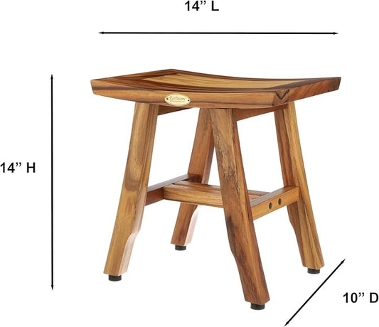 EcoDecors® Satori® 14" Solid Teak Shower Bench, Water-Resistant Bath Stool with Adjustable Feet, EarthyTeak Finish, Indoor/Outdoor Use