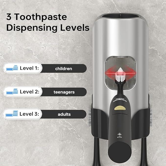 Automatic Toothpaste Dispenser Wall Mounted - Hands-Free Toothpaste Squeezer with 3 Speed Settings, 2 Toothbrush Holders & Strong Adhesive - Smart Bathroom Organizer for Kids and Adults - ModernBath
