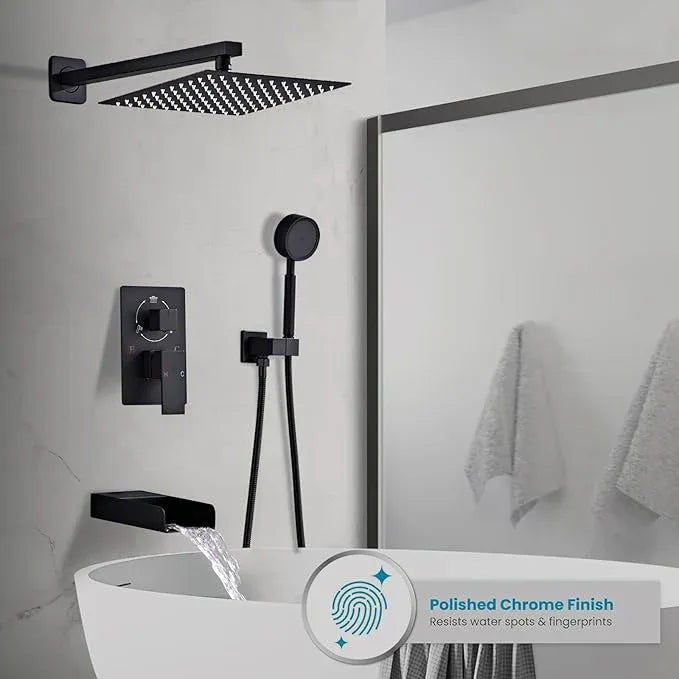 RTTWYYUU Matte Black Shower Tub Faucet Set, Wall Mounted 8 Inch Shower Heads with Handheld Spray Combo and Tub Shower Faucet, Luxury Bathroom Square Rain Shower System - 4 Hooks - ModernBath