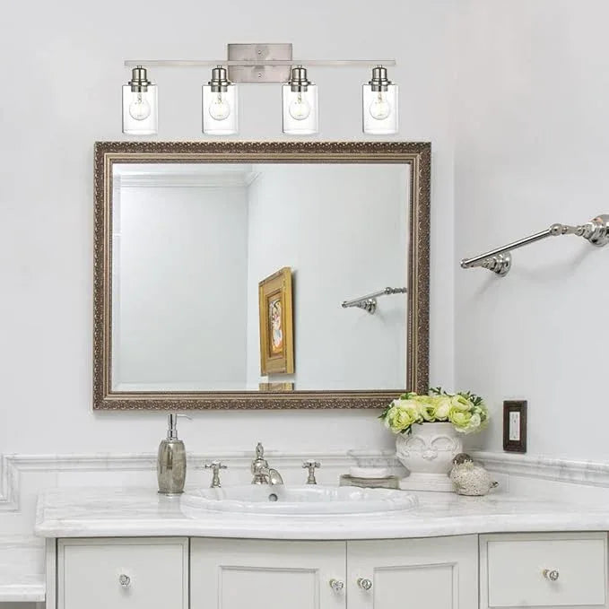 VINLUZ Industrial Brushed Nickel Wall Sconce with Clear Glass Shade and Metal Base,4 Light Bathroom Vanity Lighting Fixture Over Mirror for Dressing Table - ModernBath