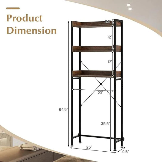 Tangkula Over The Toilet Storage, 3-Tier Toilet Rack Bathroom Space Saver with 4 Hooks & Adjustable Bottom Bar, Freestanding Bathroom Organizer Shelf Over Toilet for Restroom Balcony Laundry (Brown) - ModernBath