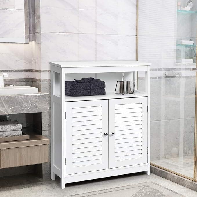 LDAILY Freestanding Organizer, Bathroom Storage with Double Shutter Doors, Adjustable Shelf, Wooden Floor Cabinet for Kitchen, Entryway (White) - ModernBath
