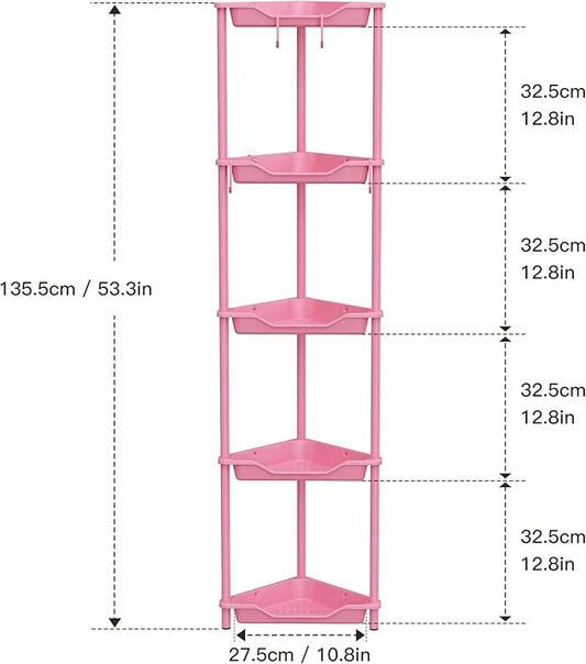 Orimade Rustproof 5 Tier Floor Standing Corner Shower Caddy Organizer, Plastic Metal Splicing Floor Corner Shelf Rack Stands for Bathroom, Pink - ModernBath