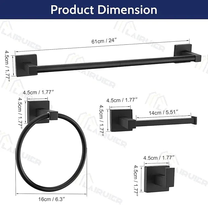 Lairuier 5-Piece Matte Black Bathroom Hardware Set, Bathroom Accessories Set with Towel Bar, Toilet Paper Holder and 2 Towel Hooks SUS304 Stainless Steel Towel Bar Set Wall Mounted - ModernBath