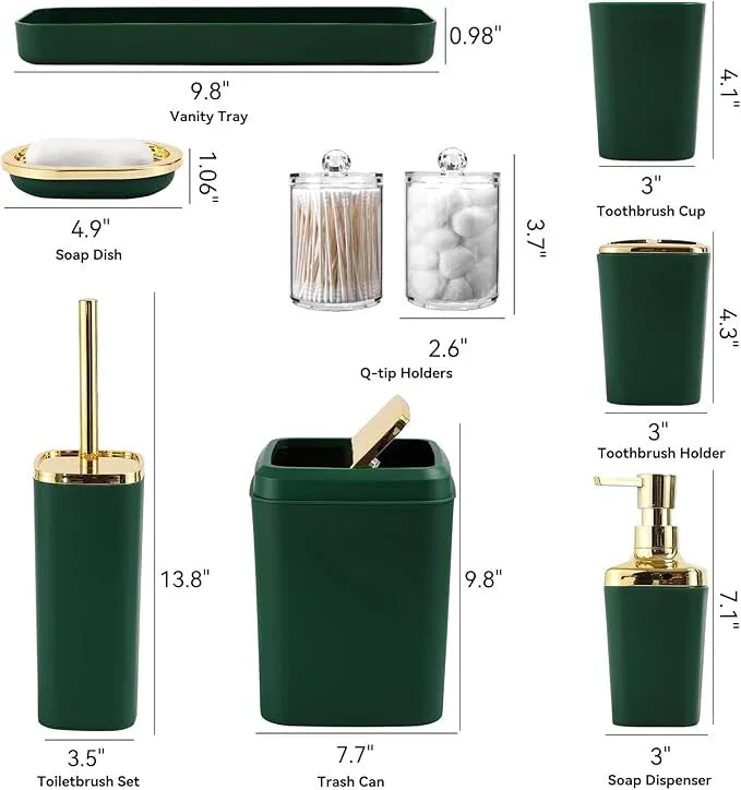 XLHOMO Dark Green Bathroom Accessories Set, Green and Gold Bathroom Accessories with Trash Can, Soap Dispenser, Soap Dish, Toothbrush Holder and Q-tip Holders - ModernBath