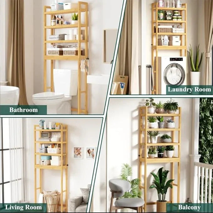 Smiry Over The Toilet Storage Cabinet, 4-Tier Bamboo Bathroom Organizers with Adjustable Shelf & 4 Hooks, Space Saving Shelf Rack for Bathrooms, Laundry Room, Balcony, Natural - ModernBath