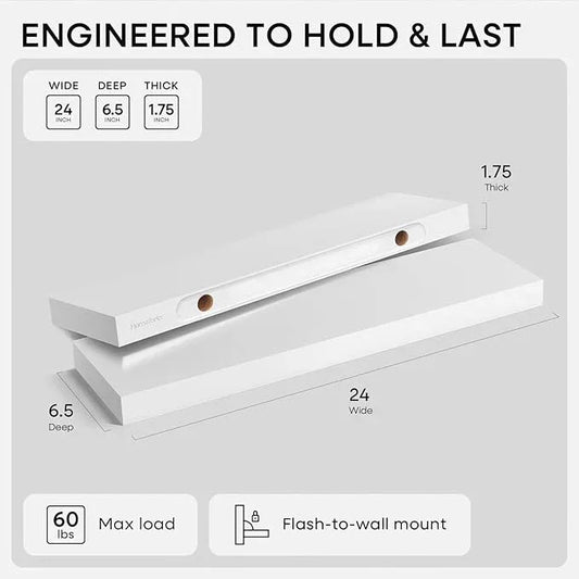 Homeforia White Floating Shelves 24 inch, High End Solid Real Wood 24inch Bathroom Floating Shelf for Wall Mounted, White Wooden 24in Floating Shelves, Heavy Duty Bracket, 24 X 6.5 X 1.75 in, Set of 3 - ModernBath