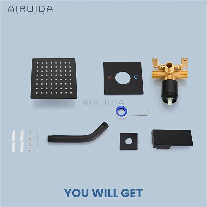 Airuida Shower Faucet Set Bathroom Rain Shower System SUS304 Stainless Steel Single Handle With Male Threads Rough-in Valve Shower Trim Kit 6 Inch Wall Mount Shower Head Matte Black - ModernBath